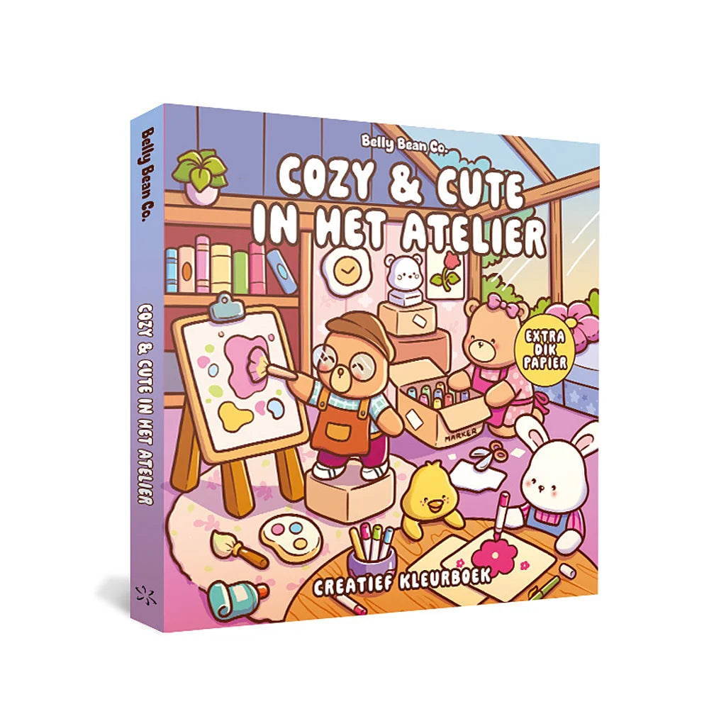 Cozy & Cute in het atelier kawaii kleurboek van Belly Bean Co. – voorkant met atelier-illustraties