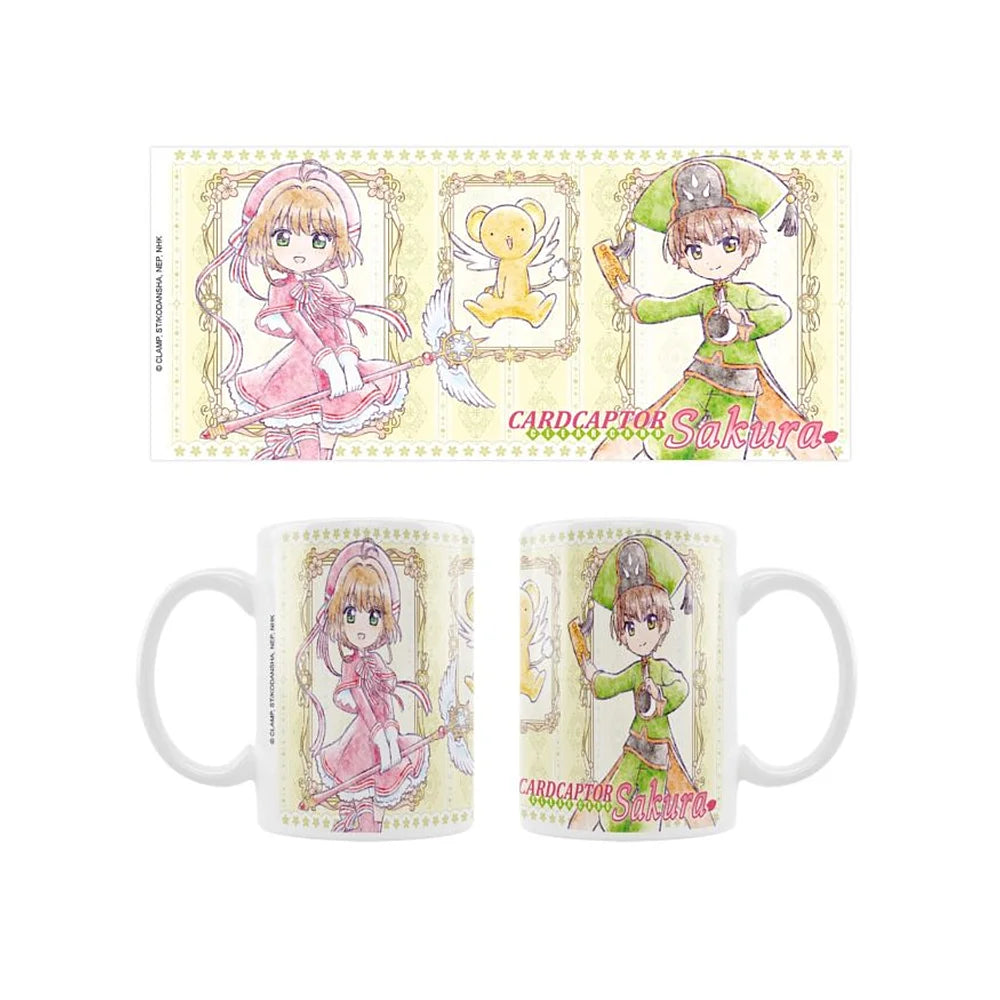Card Captor Sakura mok overzicht – kawaii anime mok van 330ml met Sakura, Syaoran en Kero in schetsstijl, voor- en zijkanten zichtbaar