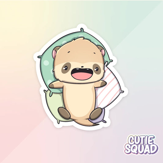 meerkat sticker van cutiesquad op stapeltje kussens