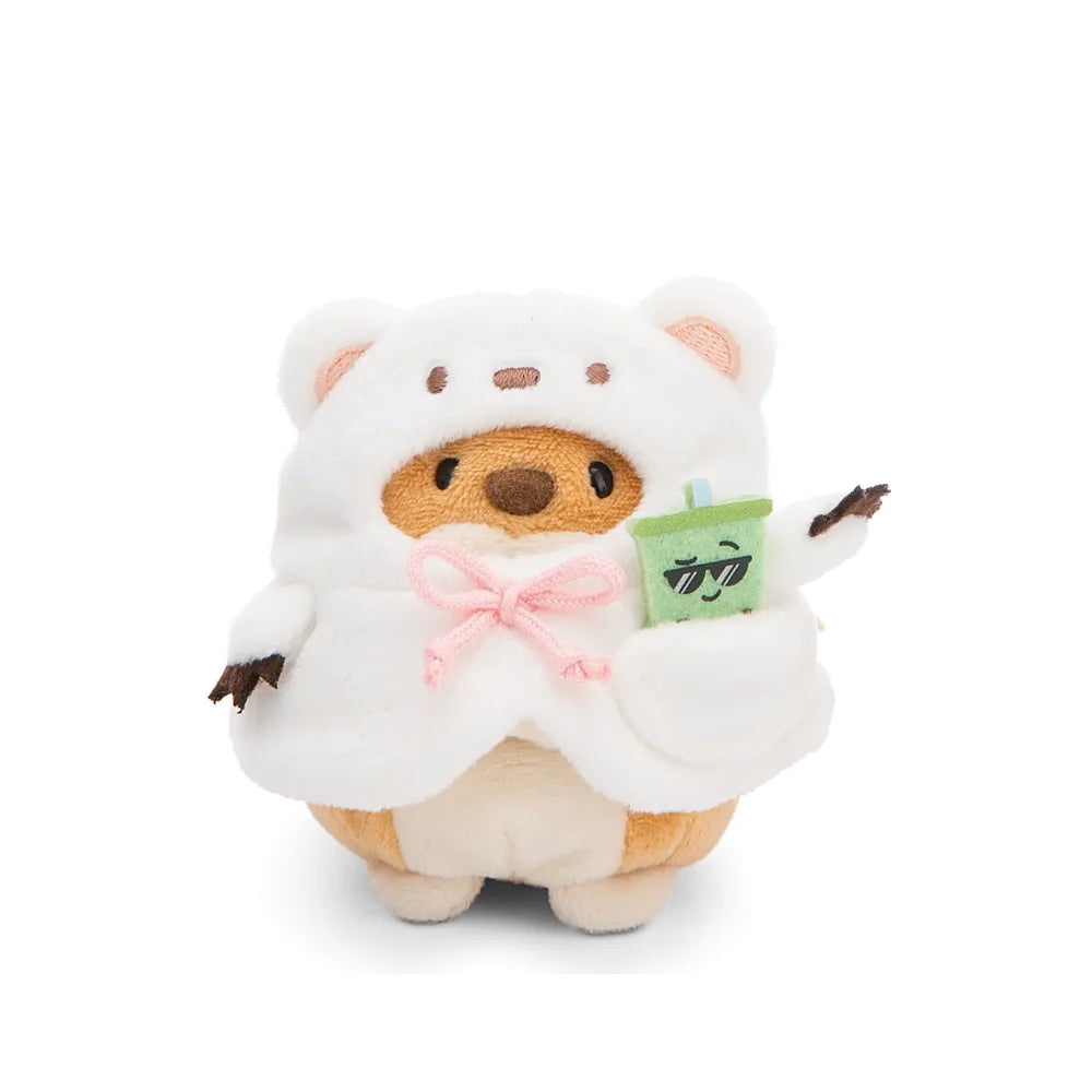 hiro de shiba inu in ijsbeerkostuum met roze strik