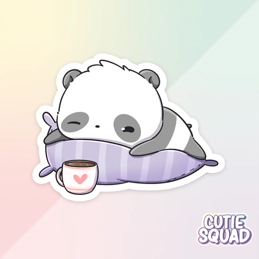 sleepy pandas sticker van cutiesquad met paars kussen