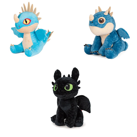 Drie schattige drakenknuffels uit HTTYD – Toothless, Stormfly & Meatlug bij elkaar