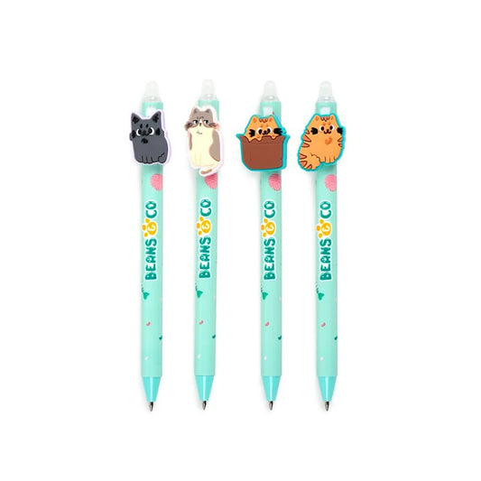 Set van vier Beans & Co uitwisbare pennen met vrolijke bonen-topper in diverse kleuren, perfect voor kleurrijk en zorgeloos schrijven