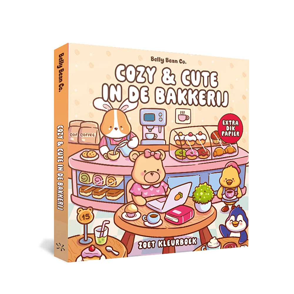 Cozy & Cute in de bakkerij kawaii kleurboek van Belly Bean Co. – voorkant met cupcakes en bakkerijillustraties