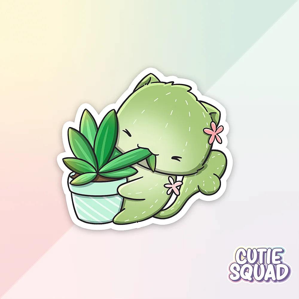 cactus cat sticker van cutiesquad trekken aan plantje