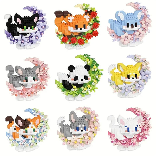 Mini bricks DIY set met een schattig diertje op een maantje en bloemen. Complete overzicht van de set.