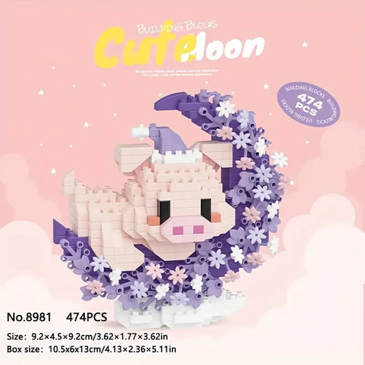 kawaii varkentje in mini bricks stijl op maan