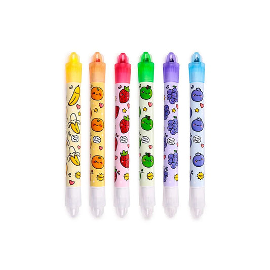 Detail van geurige Foodiemals highlighters, elke stift in een andere kleur en fruitgeur, ideaal voor school of plannen