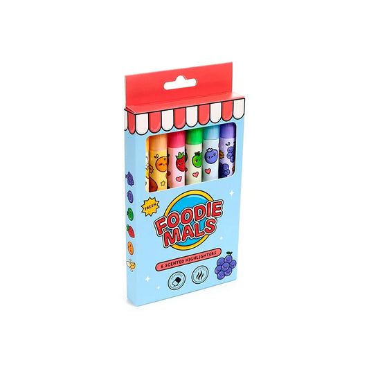 Foodiemals uitwisbare highlighters set van 6 stuks, in vrolijke kleuren met fruitige geuren en schattige Shiba designs