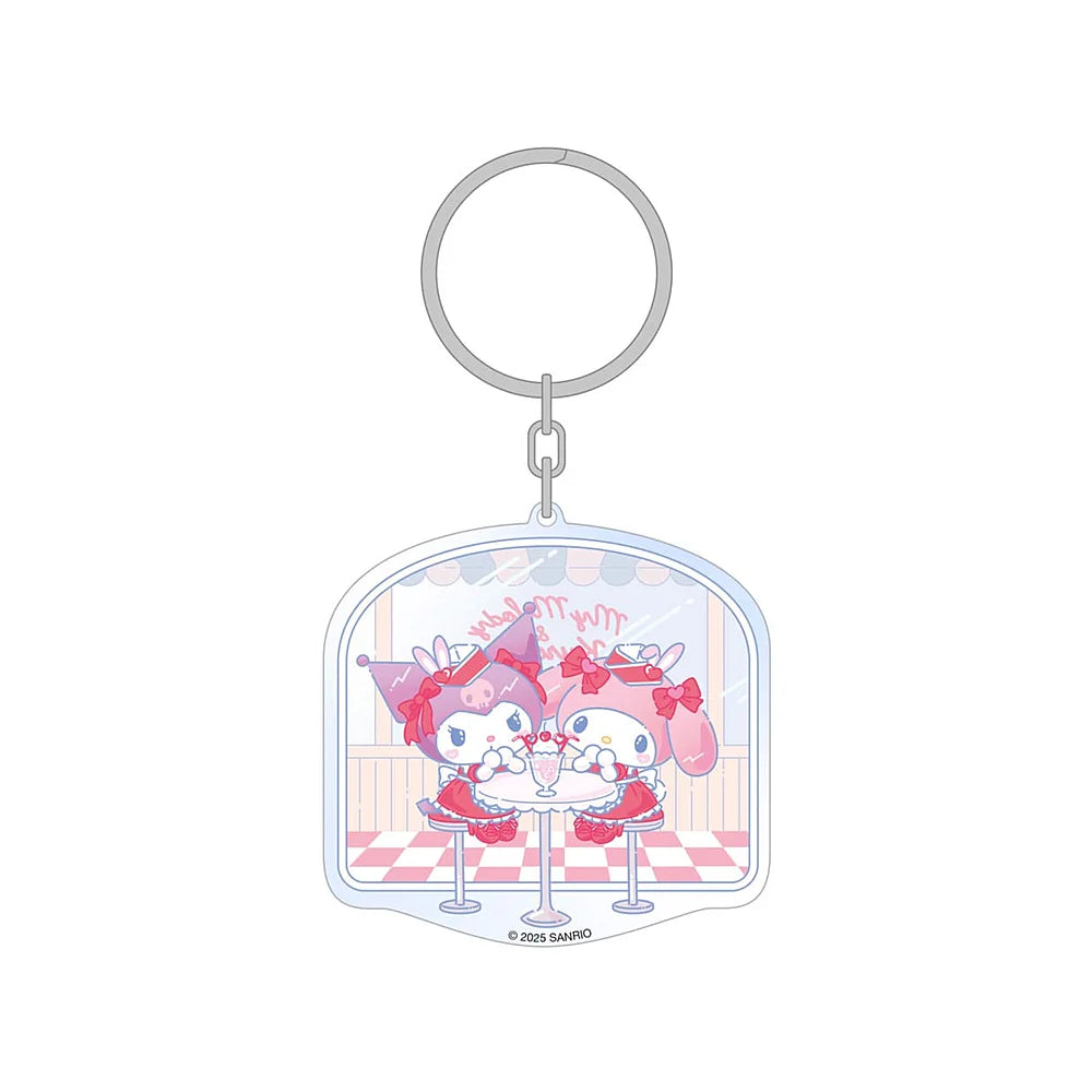 Sanrio acryl sleutelhanger met Kuromi & My Melody in Amerikaanse diner, kleurrijk en vrolijk ontwerp.