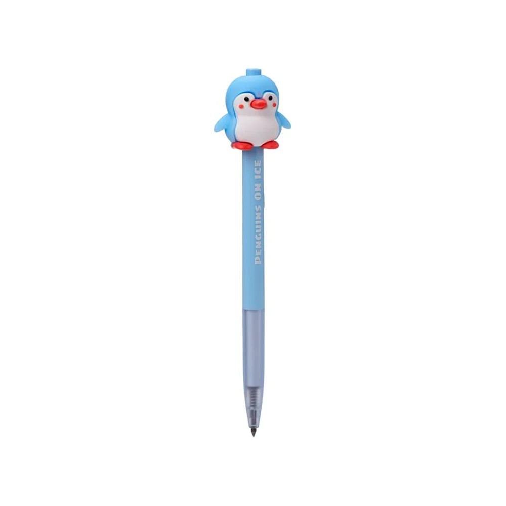 Detail van unieke oneindige pinguïn potlood met vrolijke topper – slijpen overbodig, altijd klaar om te schrijven