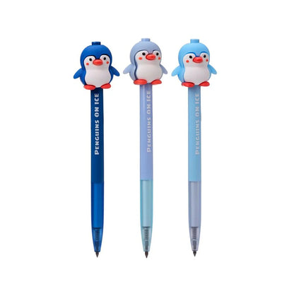 Drie oneindige pinguïn potloden in stijlvolle blauwtinten met zachte pinguïntopper, duurzaam en perfect voor school of kantoor