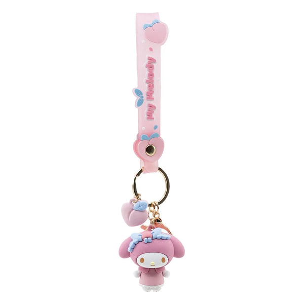 perzikroze sanrio sleutelhangers met kuromi, hello kitty, my melody en pompompurin
