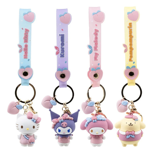 alle vier sanrio peach sleutelhangers op een rij