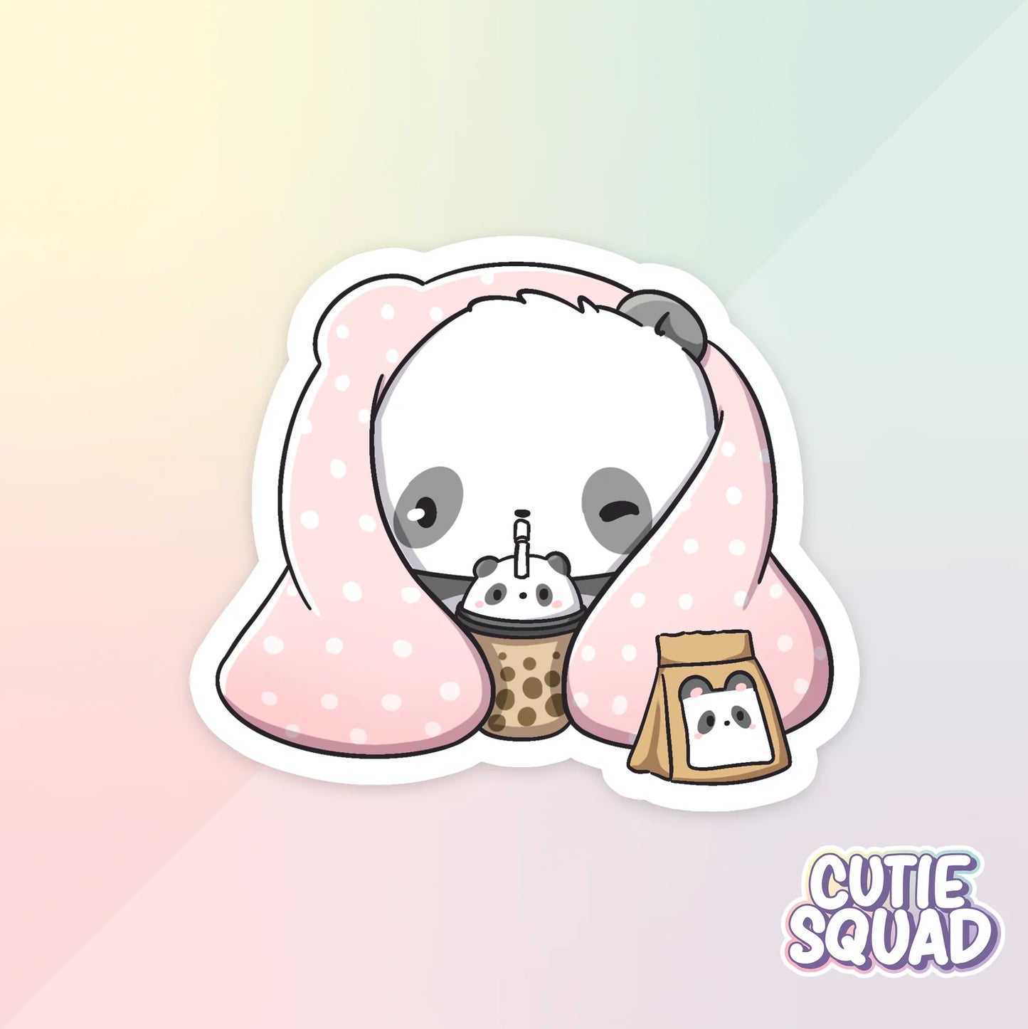 sleepy pandas sticker van cutiesquad met roze dekentje