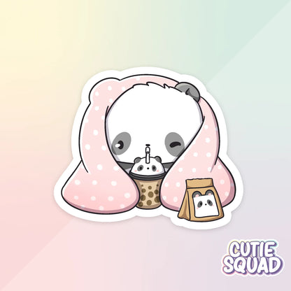 sleepy pandas sticker van cutiesquad met roze dekentje