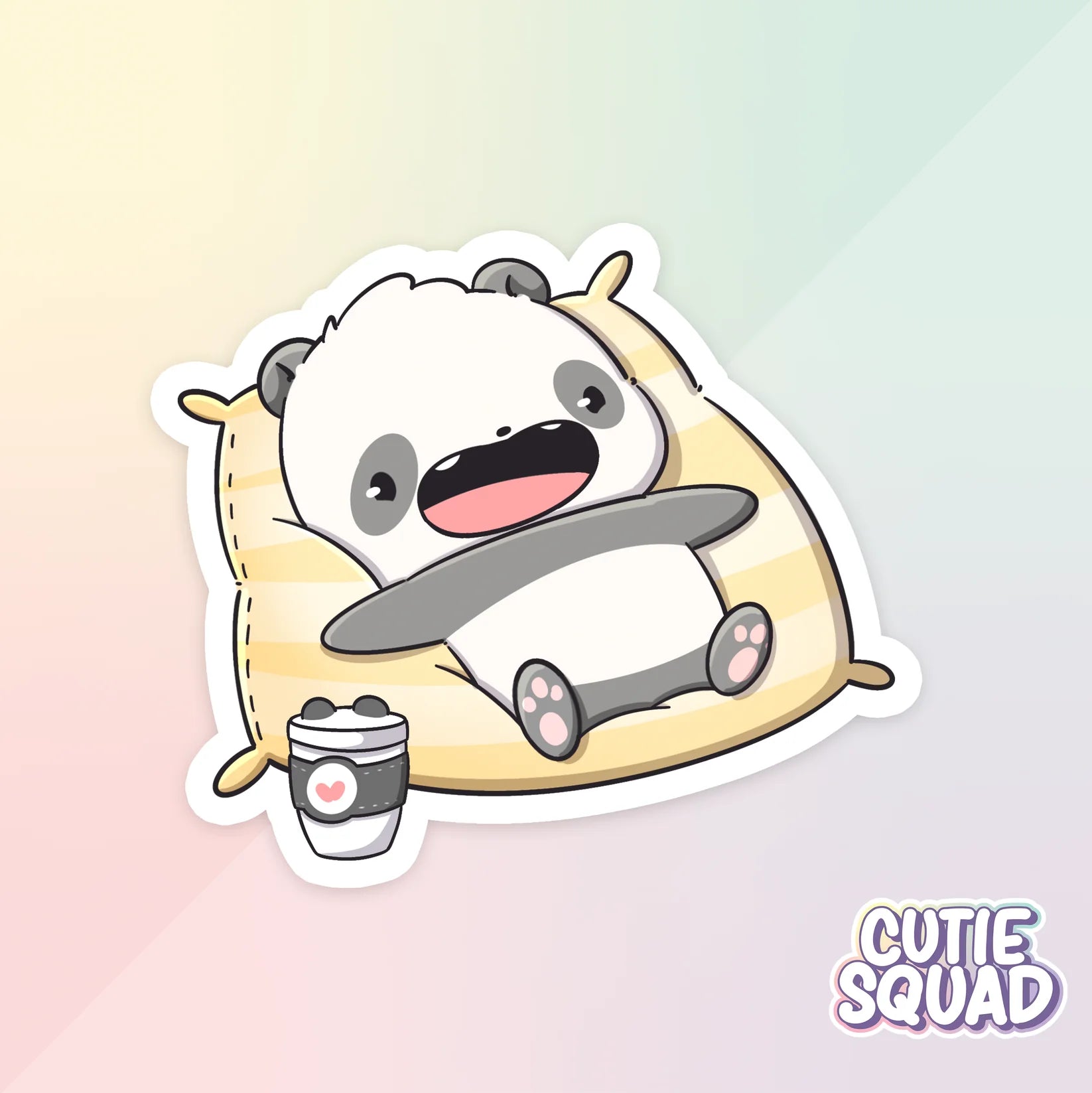 sleepy pandas sticker van cutiesquad met geel kussen