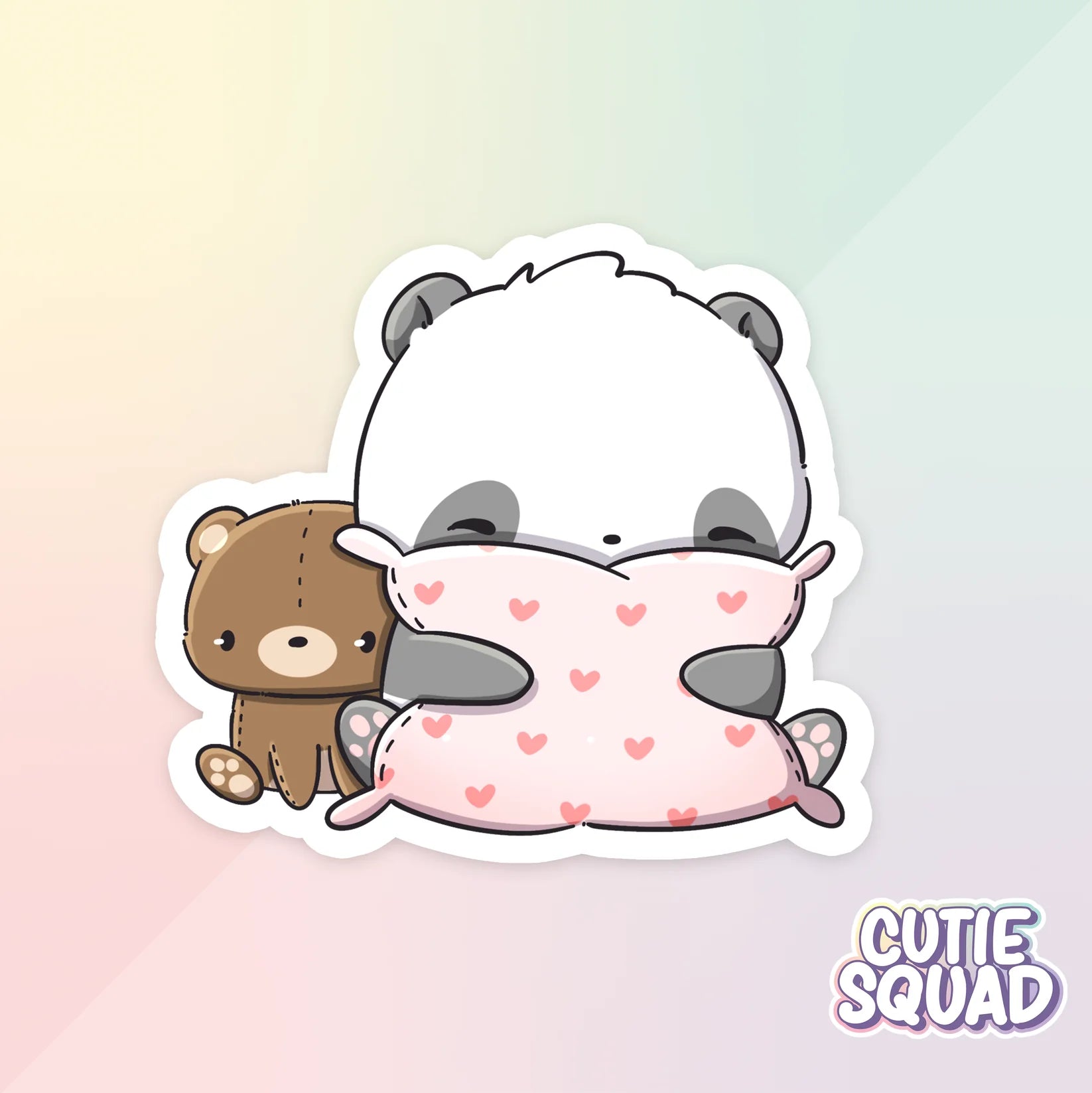 sleepy pandas sticker van cutiesquad met roze kussen