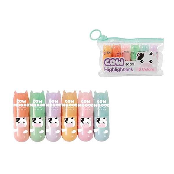 6 pastel markers in kawaii etui met koeien design